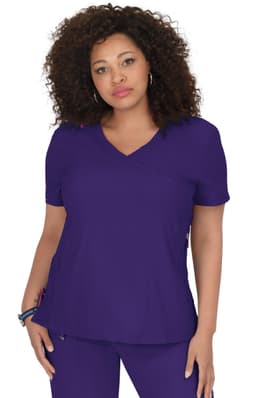 A top in a rich purple colour, featuring a v-neck design and short sleeves, with a logo on the side.