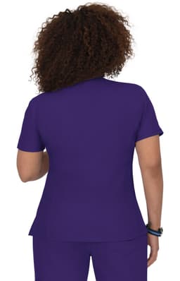 A short-sleeved top in a vibrant purple colour, seen from the back. The top has a simple design and a stylish fit.