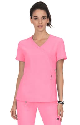 A pink scrub top with a wrap design, featuring short sleeves and side pockets. It has a branding logo.