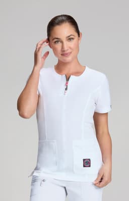 A white medical top featuring a zippered neck and two front pockets, with a logo on the side.