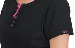 A black top featuring a zippered neckline and short sleeves, with a small logo on the sleeve.