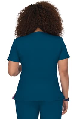 A clothing top in teal with a fitted design, featuring short sleeves and a back view of the garment.