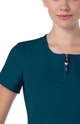 A teal women's top with a short zipper at the neckline, featuring short sleeves and a fitted design.