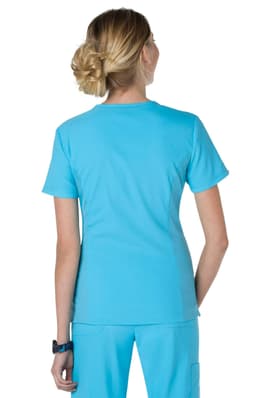 A top in a bright turquoise colour, featuring short sleeves and a fitted design, displayed from the back.