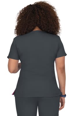 A grey top featuring short sleeves and a curved hem, with a branding logo visible on the back.