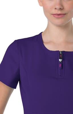 A purple top with a zippered neckline, featuring short sleeves and a close-fitting design.