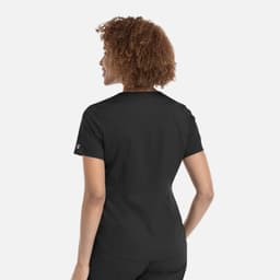 A black women's V-neck top with a tuckable design, featuring a smooth back and short sleeves.