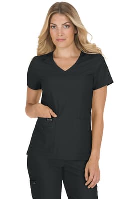 A black medical scrub top featuring a V-neck design and two front pockets, modelled by a woman.