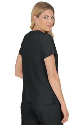 A black top with short sleeves, featuring a side slit, worn by a woman facing slightly backward.