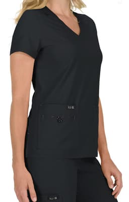 A black women's top featuring a V-neck, short sleeves, and two front pockets. Includes a logo tag.