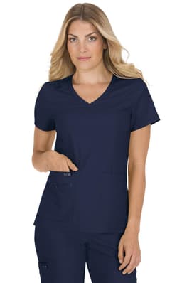 A navy blue women's top with a v-neck and two front pockets, worn by a model. The product has branding.
