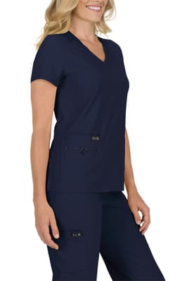A navy medical top with a V-neck and short sleeves, featuring two front pockets and a logo.
