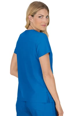 A blue top with a simple design, featuring a back view of a model showcasing its fit. The garment has a logo.