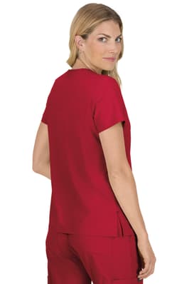 A red medical top with a short sleeve design, featuring a back view and a slight split at the hem.