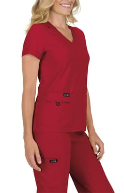 A red women's top with short sleeves and a V-neck, featuring two front pockets. Branding is visible on the pockets.