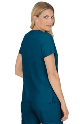 A teal-coloured women's top with short sleeves and a back pleat, featuring a logo on the back.