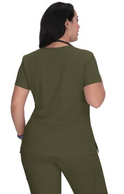 A green Becca Top, featuring a comfortable fit and short sleeves, displayed from the back view.
