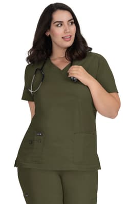 A green medical top featuring short sleeves and side pockets, worn by a model with a stethoscope around her neck.