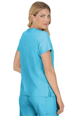 A top in light blue featuring a relaxed fit and short sleeves, displayed on a model from the back.