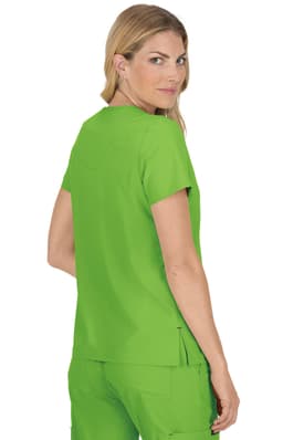 A woman is wearing a vibrant green top, styled for a casual or professional look, featuring short sleeves.