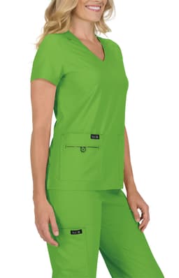 A medical scrubs set in bright green, featuring a V-neck top and matching pants, with pockets and branding.