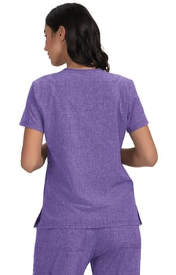 A purple shirt with short sleeves and a rounded neckline, featuring a classic cut and side slits.