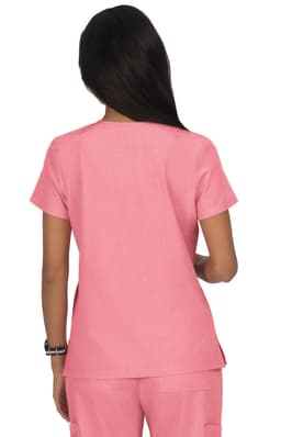 A pink women's top featuring short sleeves and a simple design, displayed from the back. It has a logo on the fabric.