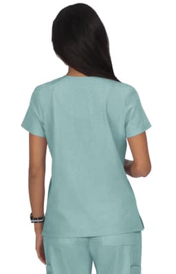 A women's top in a light teal colour, featuring short sleeves and a simple design, with a logo on the back.