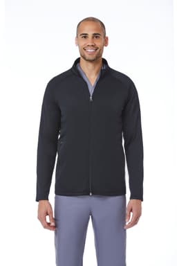 A men's warm-up fleece jacket in black, featuring a zip-up front and a logo on the chest.