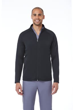 A black men's warm-up fleece jacket with a zip front and a logo displayed. The model is wearing grey pants.