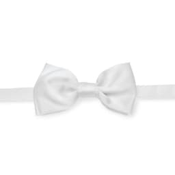 A glossy white bow tie on a fabric strap, featuring a simple design and a smooth texture.