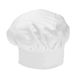 A white toque chef hat with a structured band and a soft, voluminous top. It features a logo.