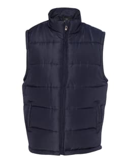 A navy puffer vest with a high collar and front zip, featuring two side pockets and no sleeves.
