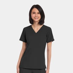 A women's V-neck top in black with short sleeves and a fitted design, featuring a logo.