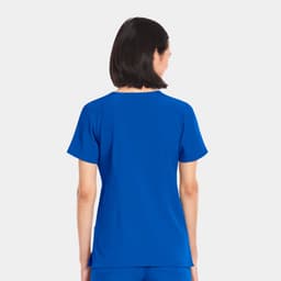 A women's V-neck top in vibrant blue, featuring short sleeves and a simple design. It includes a logo on the back.