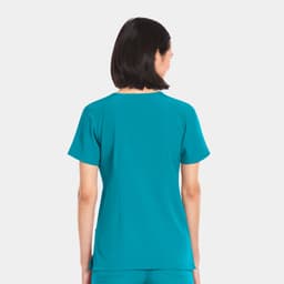 A women's v-neck top in teal, featuring short sleeves and a smooth fabric texture. The top has a logo.