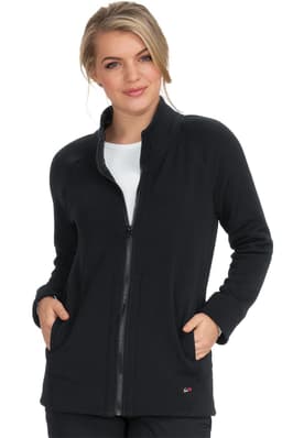 A black wellness jacket with a full zip and side pockets, featuring a subtle logo on the hem.