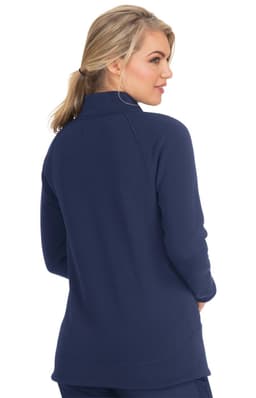 A navy blue wellness jacket featuring a high collar and long sleeves, shown from the back with a fitted silhouette.