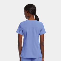 A mock wrap top in light blue, featuring short sleeves and a smooth back design, with a logo present.