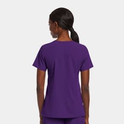 A women's mock wrap top in purple, featuring short sleeves and a simple design. Includes a logo or branding.