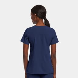 A navy blue women's mock wrap top, featuring short sleeves and a simple design, with a logo on the back.
