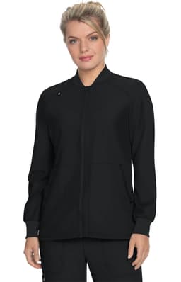 A black jacket with a zip front and long sleeves, featuring a branding logo on the upper left.