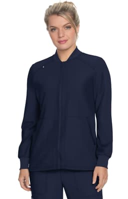 A navy blue jacket featuring a zip front, standing collar, and two front pockets. It has a logo on the upper left.