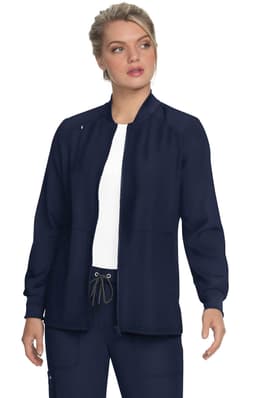 A navy blue jacket with a zip front, long sleeves, and side pockets, featuring a logo on the upper left.