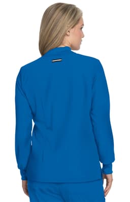 A blue jacket with a collar and long sleeves, featuring a logo on the back.