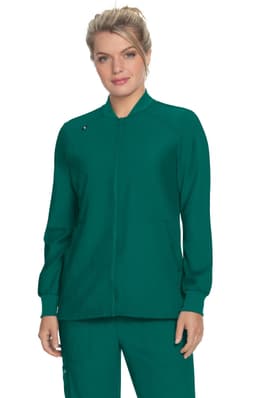 A green jacket with a zip-up front and long sleeves, featuring a logo on the chest.