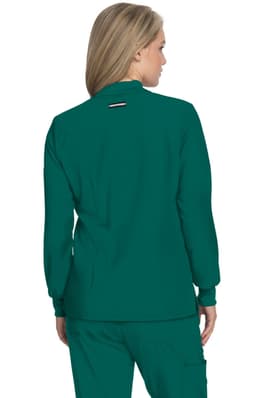 A teal jacket with long sleeves and a high collar, featuring a small logo at the back.