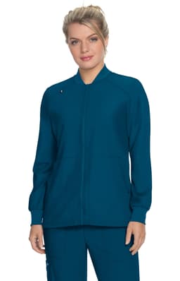 A teal jacket with a zip front, featuring a round neckline and two front pockets, worn by a model.