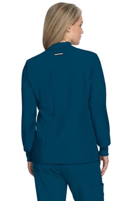 A teal jacket with long sleeves and a back slit, featuring a logo on the back.