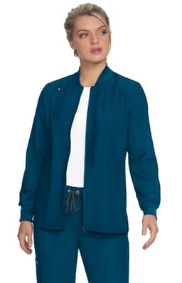 A teal jacket with a fitted neckline and long sleeves, displayed on a model wearing a white top and matching pants.